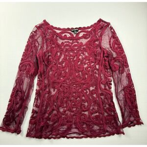 Express Womens XS‎ Burgundy Embroidered Sheer Mesh Long Sleeve Scoop Neck Top